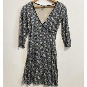 ANN Taylor LOFT Faux Wrap Dress Blue Geometric Print 3/4 Sleeve Women’s Size 0